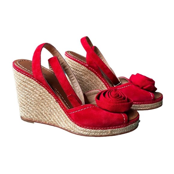 Kate Spade New York Women's Red Suede Brit Flower Toe Wedge Heel Sandals 9 M - Picture 2 of 9